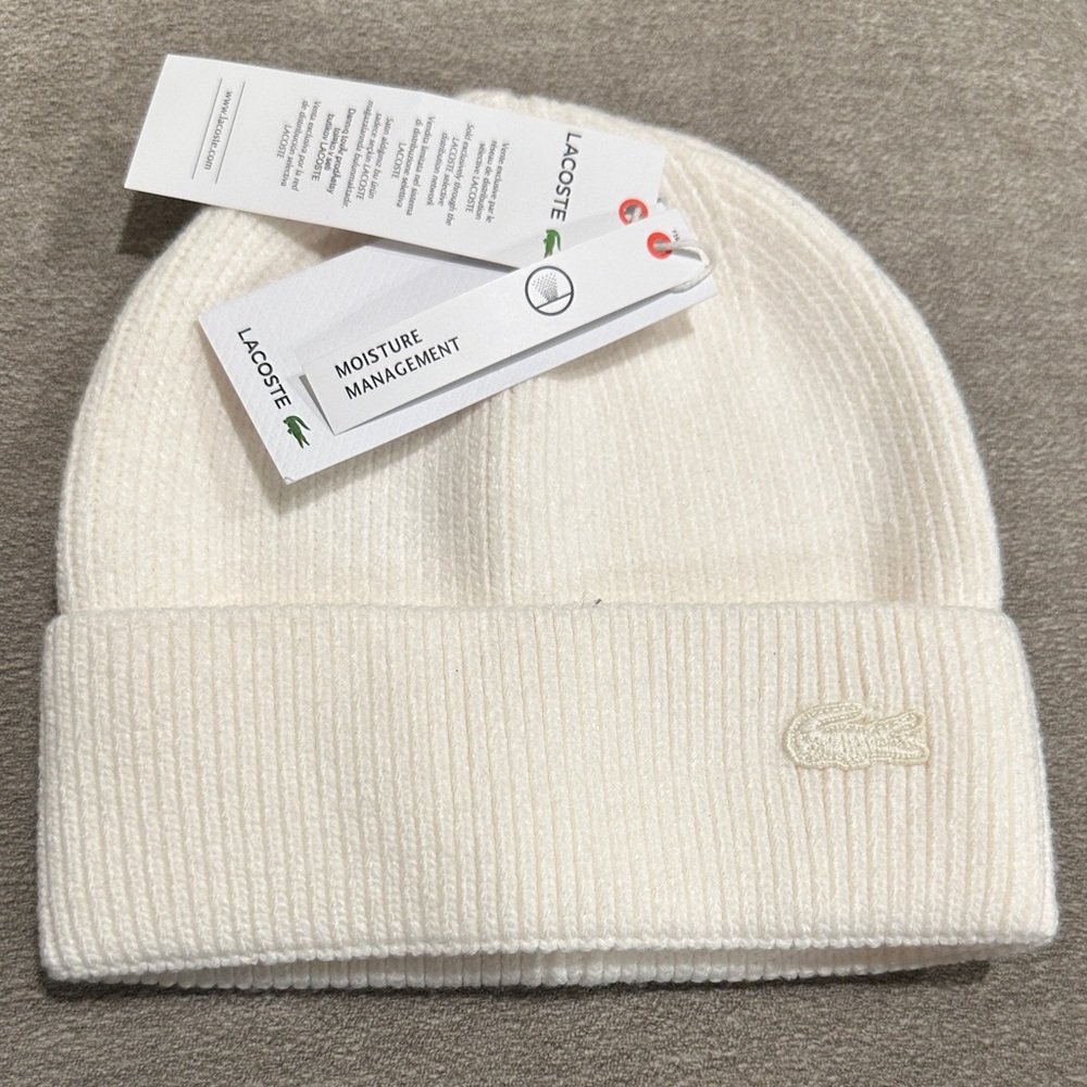 Lacoste Cream Ribbed Knit Beanie